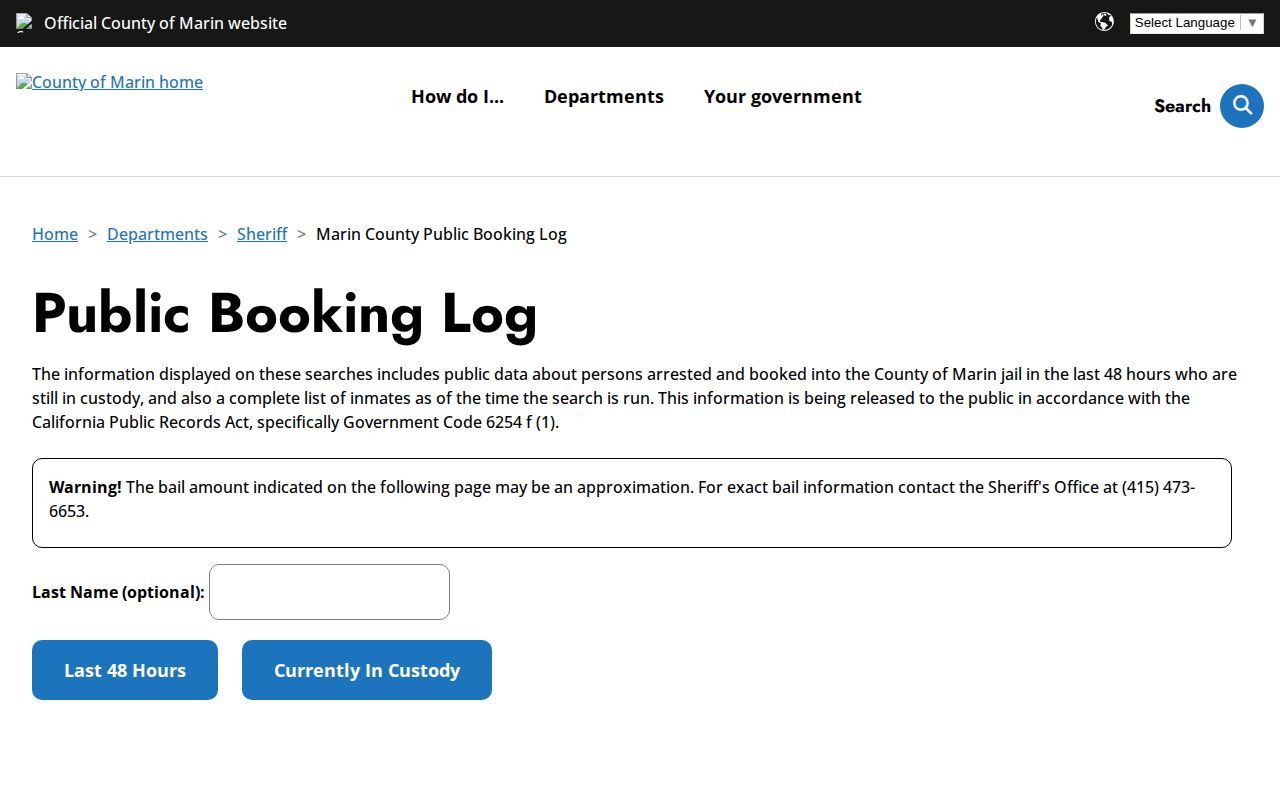 California Marin County arrest and booking log labeled with a 48-hour record window