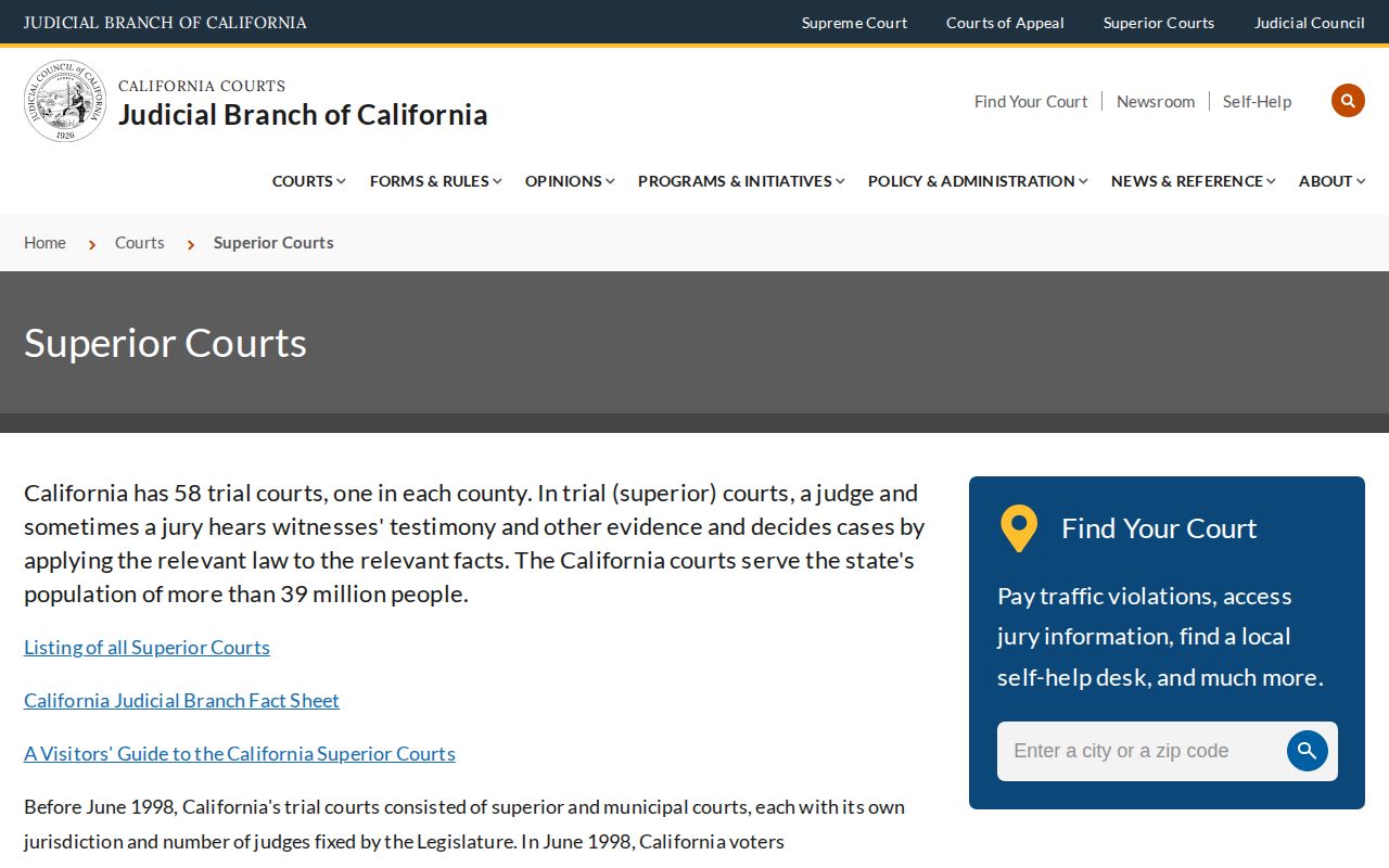 California court directory showing the separate superior court structure for arrest case lookup