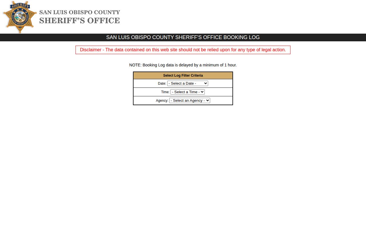 California San Luis Obispo County arrest booking log with date and time record controls