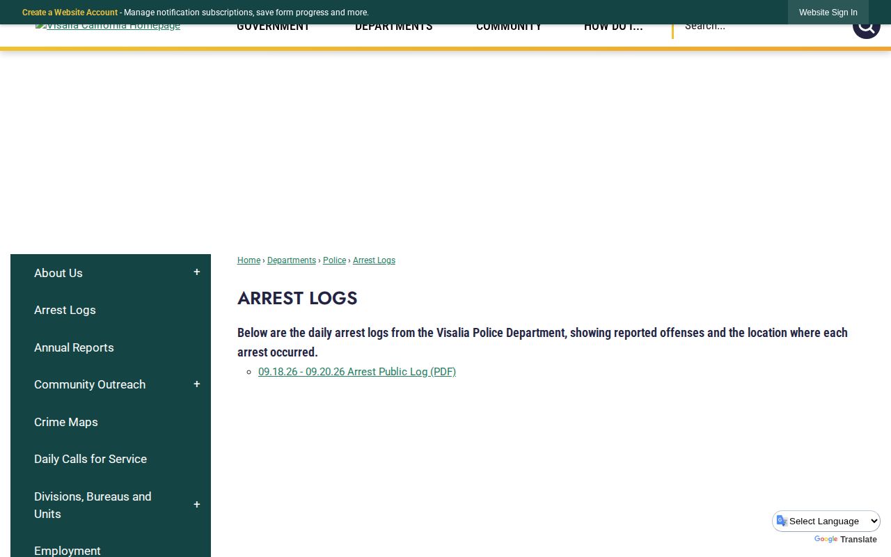 California Visalia police arrest log showing a municipal daily PDF record format