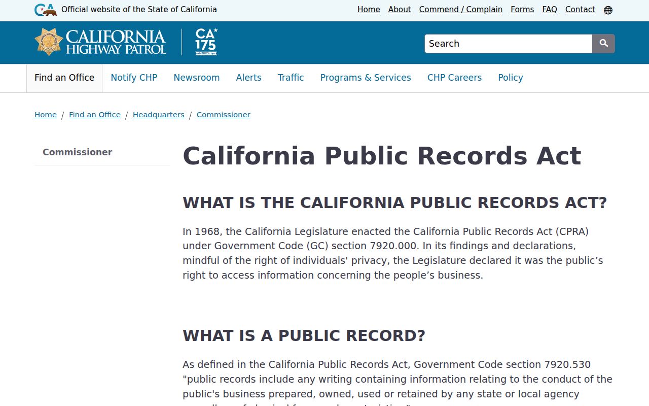 California CHP arrest-record request fields and ten-day initial determination guidance