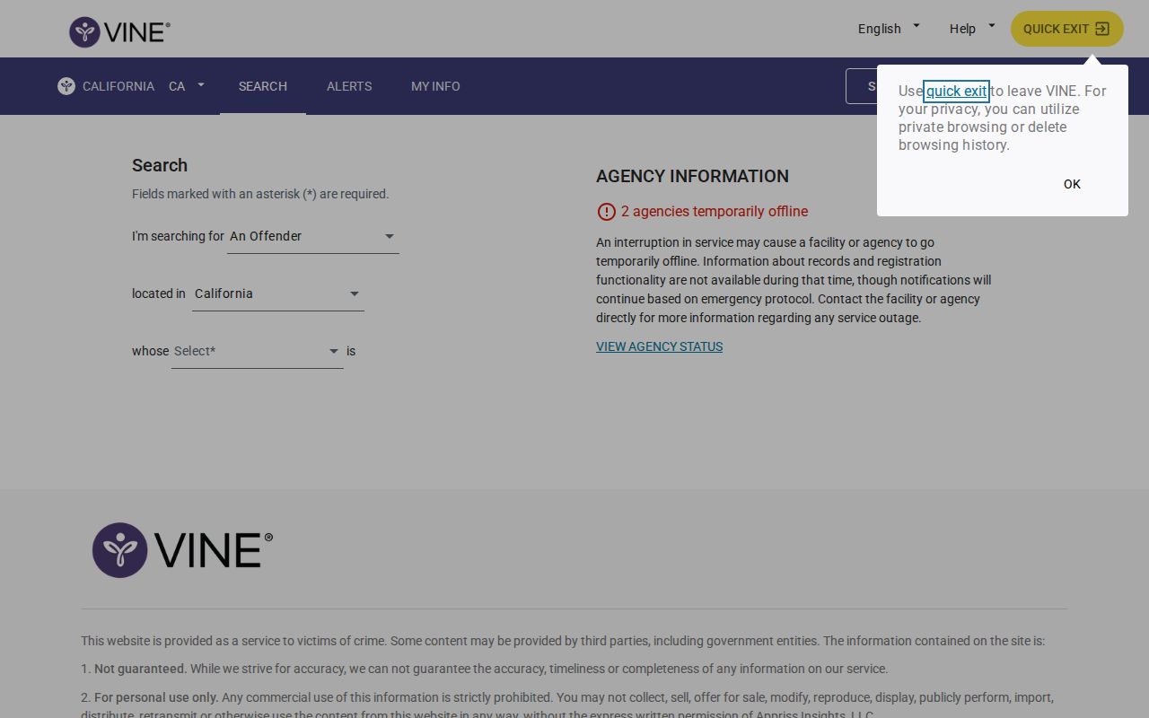 California VINELink person search fields for custody record lookup