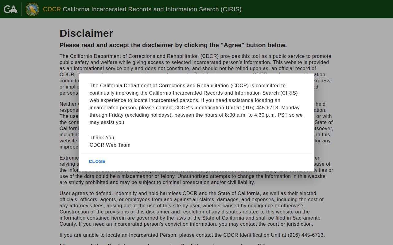 California CDCR CIRIS state-prison offender search form for custody records