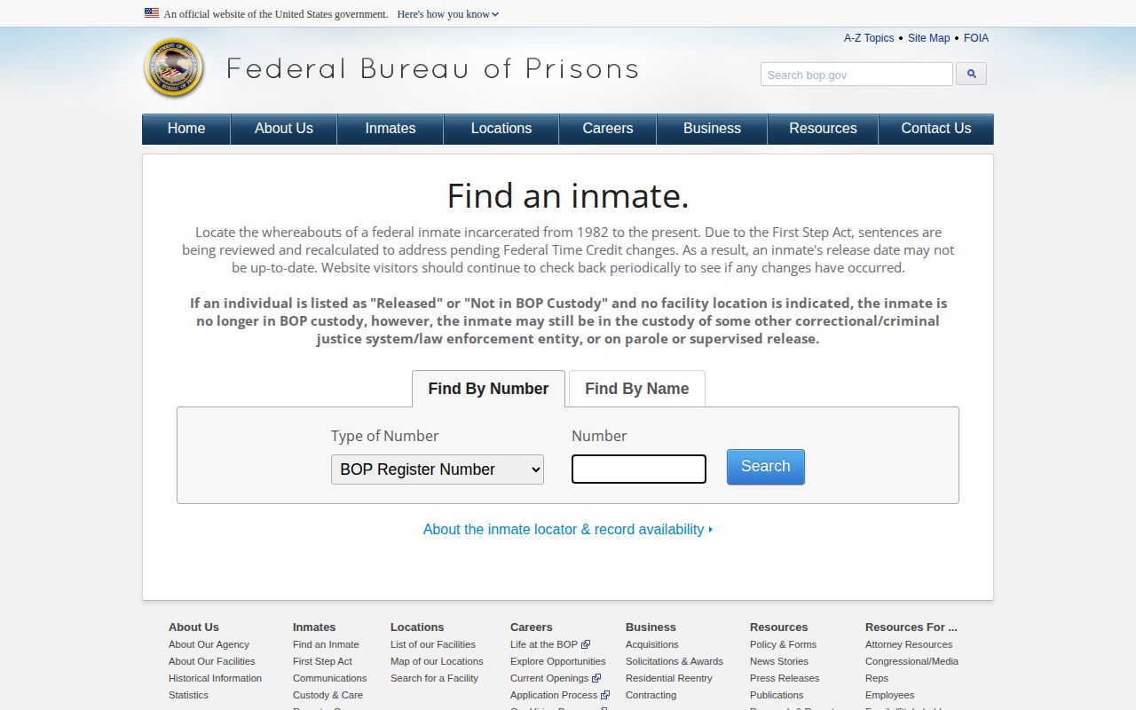 Federal Bureau of Prisons locator form for federal custody records, separate from California arrests