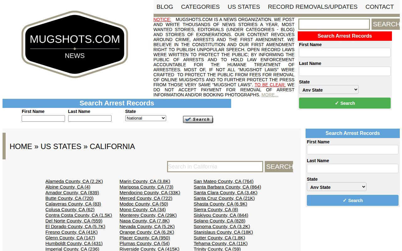 California arrest-photo archive landing page from an unofficial secondary publisher