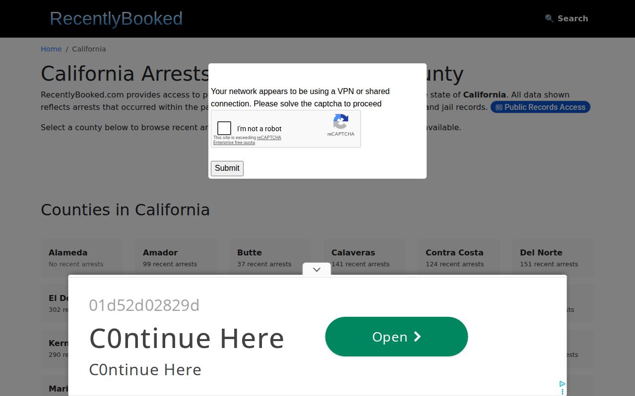 California secondary booking site landing page, an unofficial arrest-record source