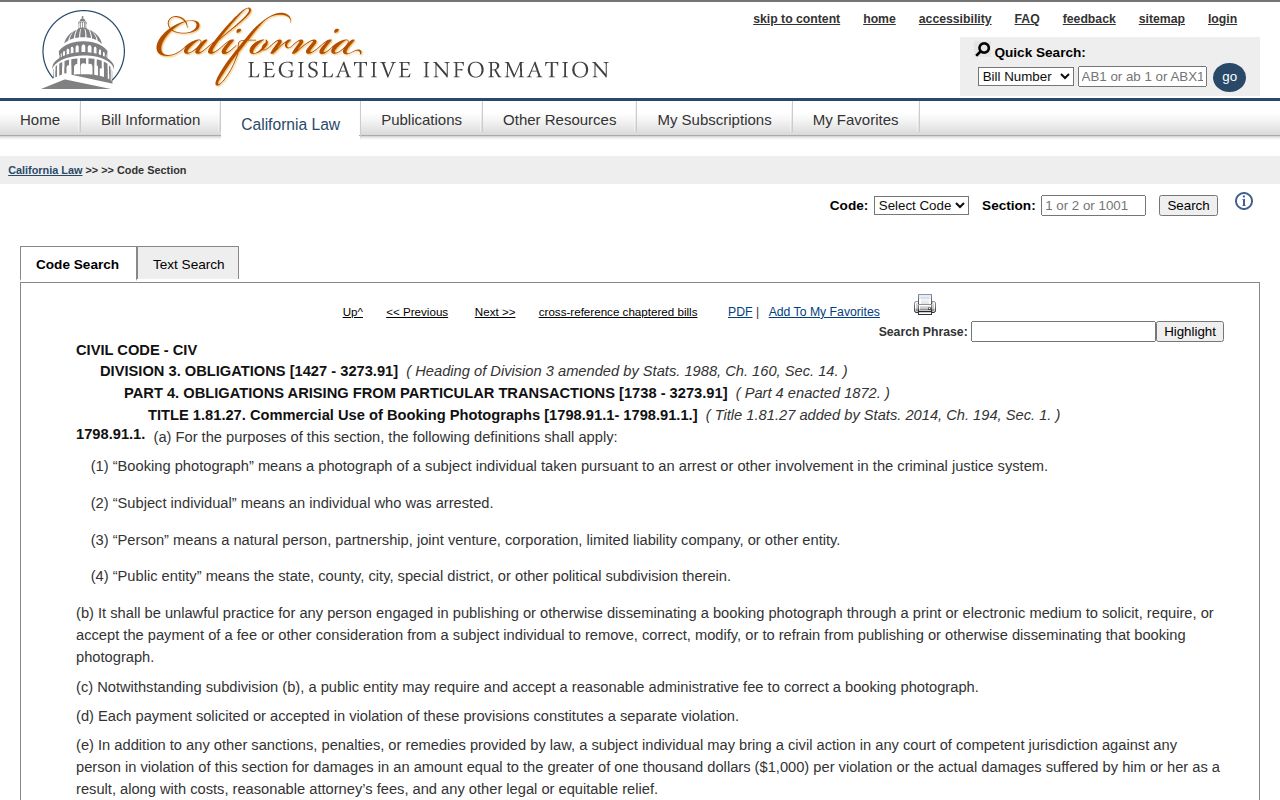 California Civil Code booking-photo statute title and anti-payment rule