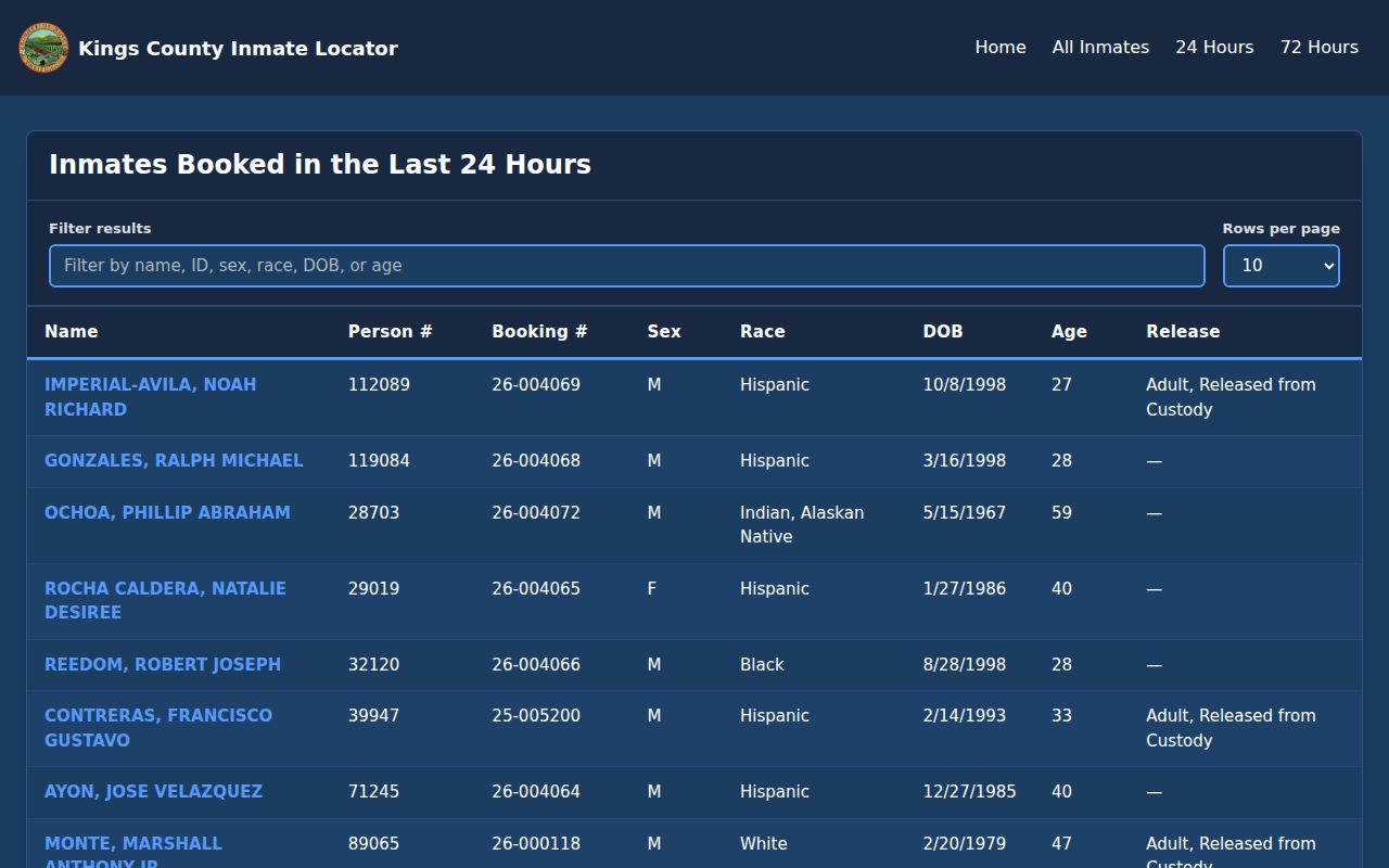 California county booking search with an explicit last 24 hours window