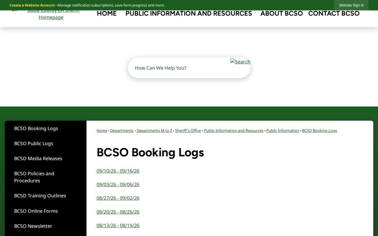 California Butte County arrest and booking logs shown as a weekly PDF archive